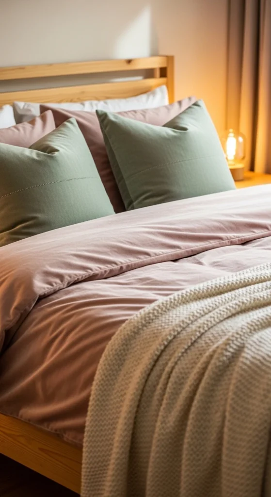Blush bedding in sage green bedroom decor