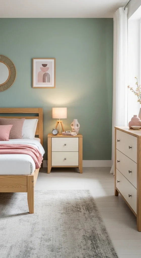 Sage green and blush bedroom with neutral furniture