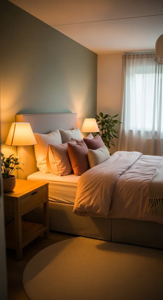 Cozy bedroom lighting with sage green and blush decor
