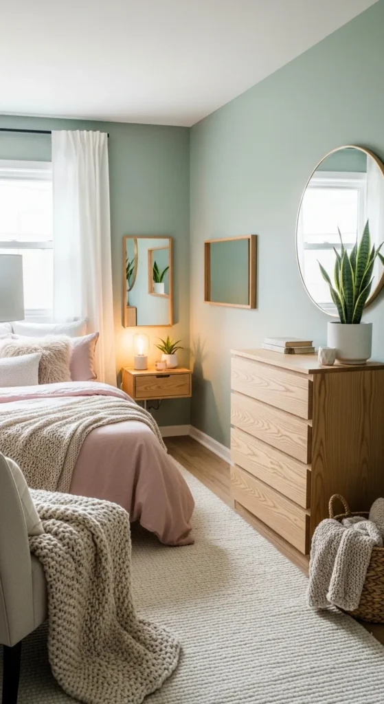 Small sage green and blush bedroom styling