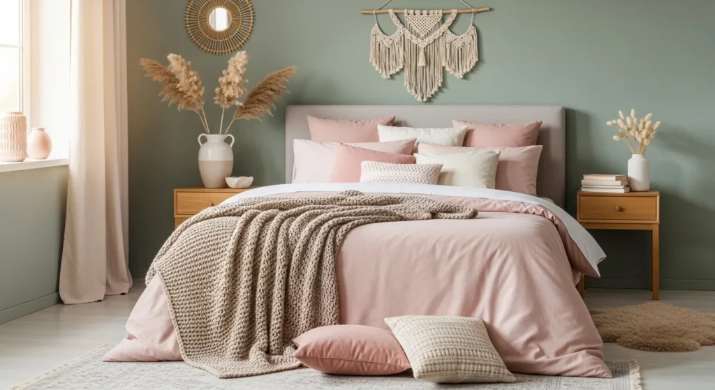 Sage Green And Blush Bedroom Ideas with modern decor and cozy styling