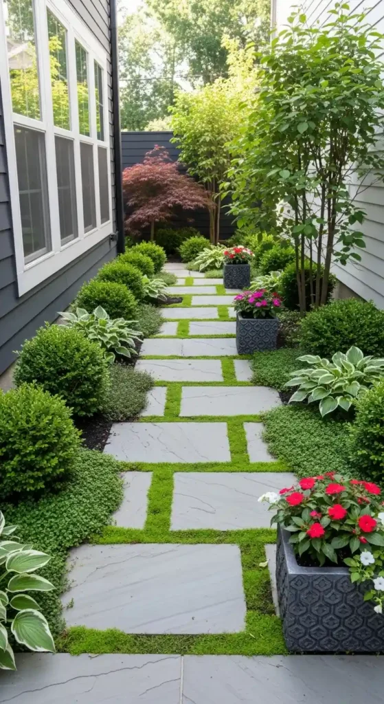 Side of house landscaping ideas for narrow yards with lush greenery and pathways