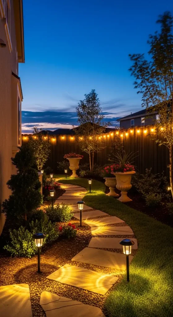 Side of house landscaping ideas with DIY lighting and accent features