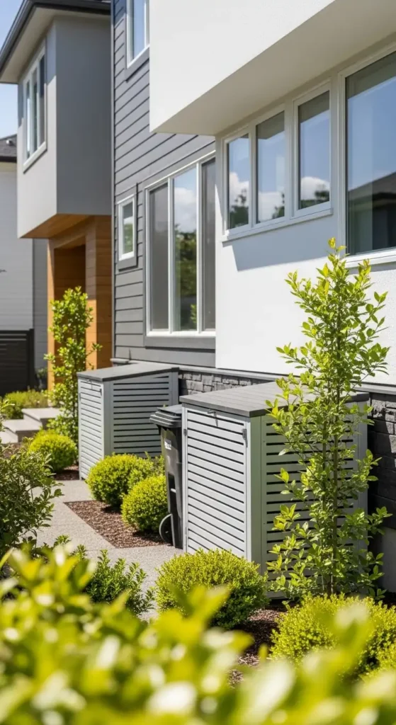 Side of house landscaping ideas with functional storage solutions