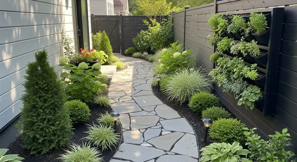 Side of house landscaping ideas with pathways, vertical garden, and low-maintenance plants