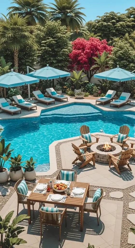 Sims 4 landscaping ideas backyard poolside lounge and dining area