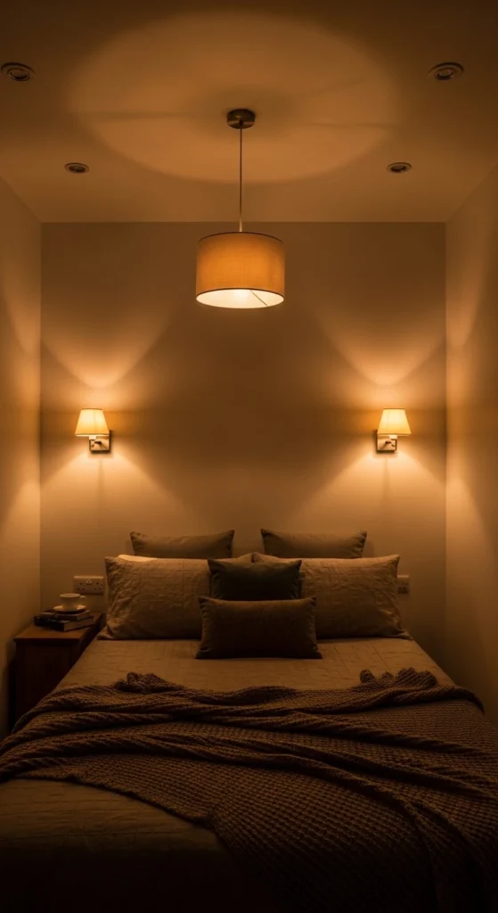Small Bedroom Ideas using layered lighting to enhance space
