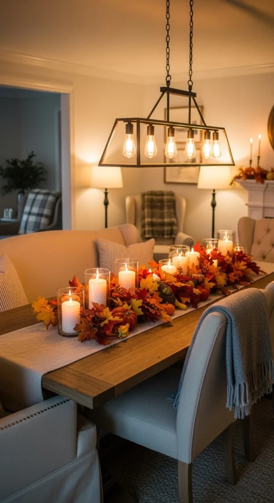 Seasonal dining room decor ideas with cozy centerpiece and warm lighting