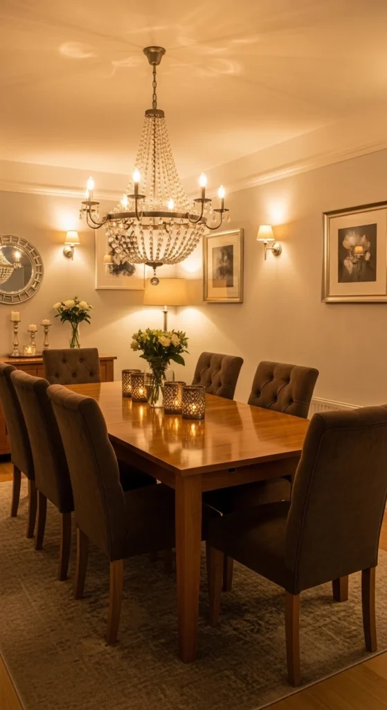 Dining room decor ideas with statement lighting and chandelier centerpiece