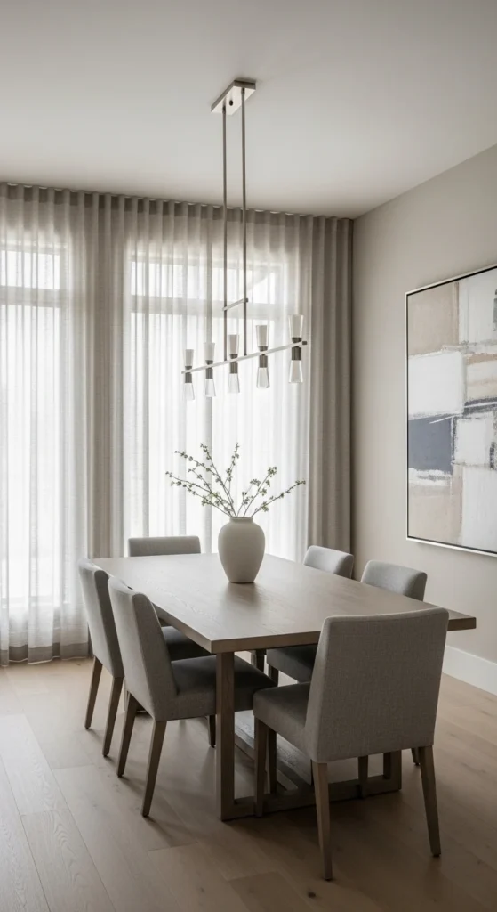 Dining room decor ideas with neutral color palette and cozy vibe