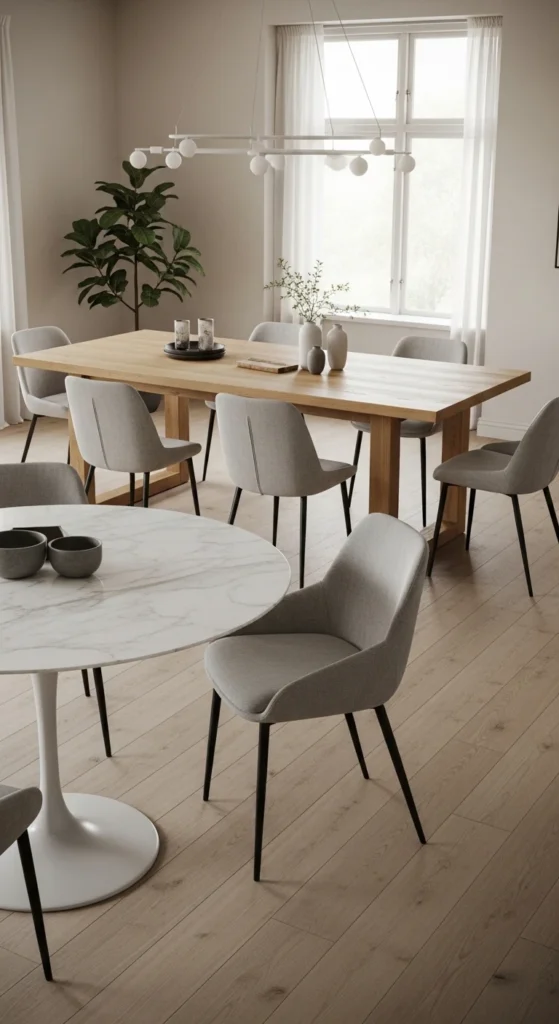 Dining room design ideas featuring different dining table styles