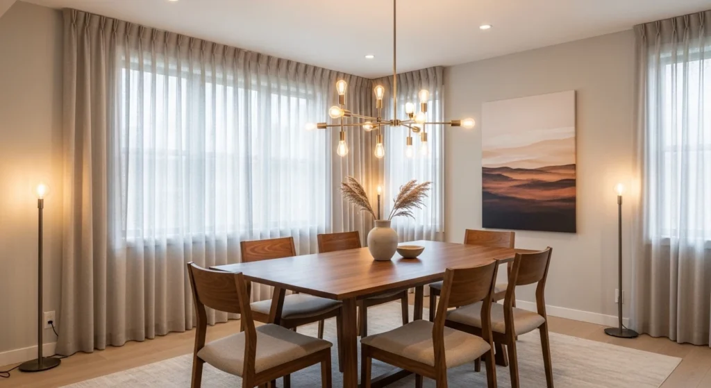 Dining room design ideas with modern table, stylish chairs, and statement lighting