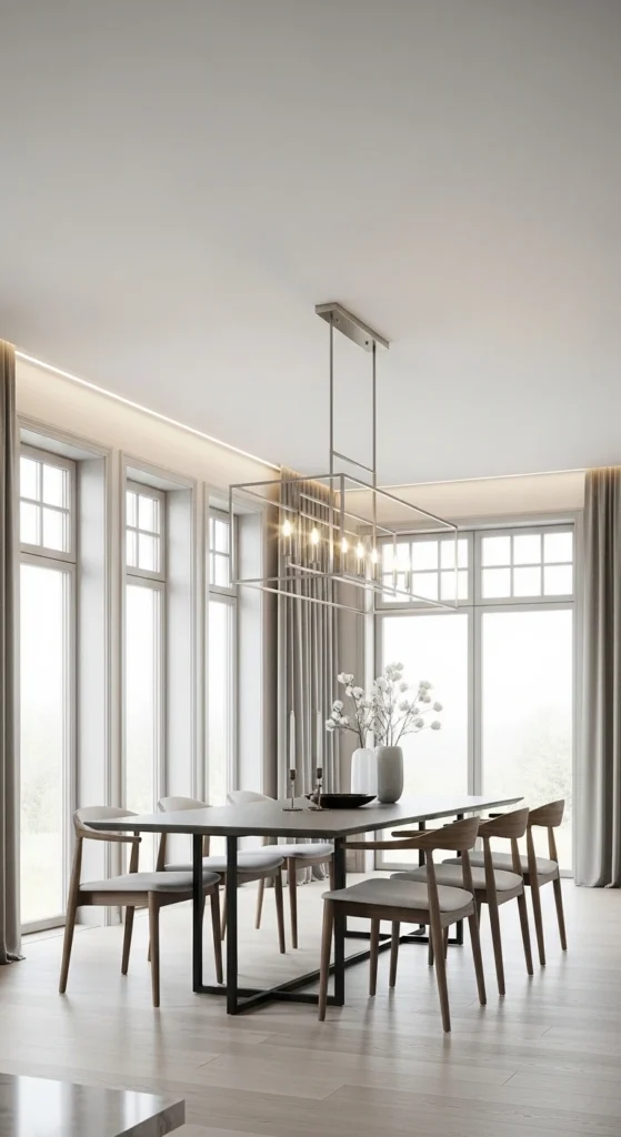 Dining room lighting ideas with modern geometric chandelier above dining table