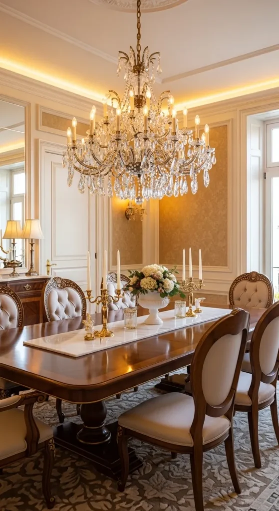 Dining room lighting ideas with elegant crystal chandelier centerpiece