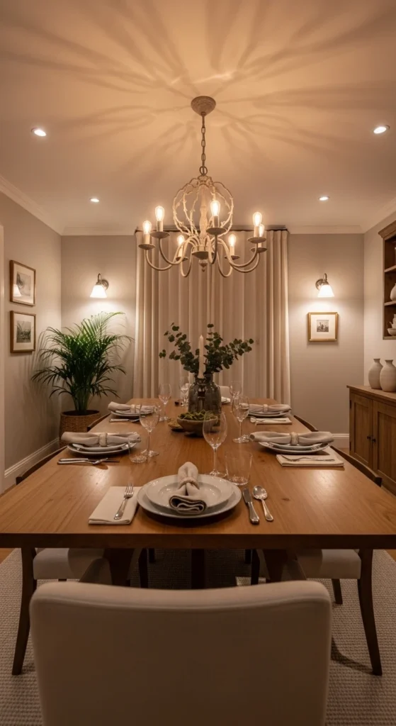 Dining room lighting ideas with layered lighting chandelier and wall sconces