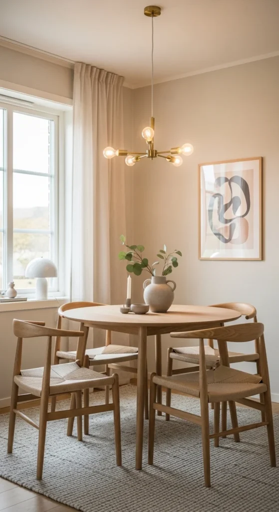 Small dining room lighting ideas with compact chandelier above table