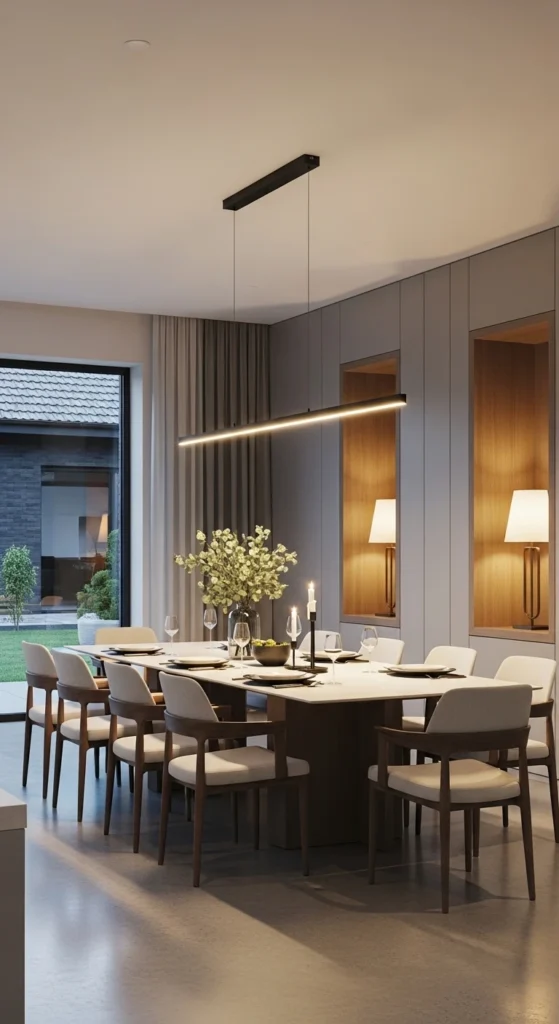 Dining room lighting ideas with linear chandelier above rectangular table