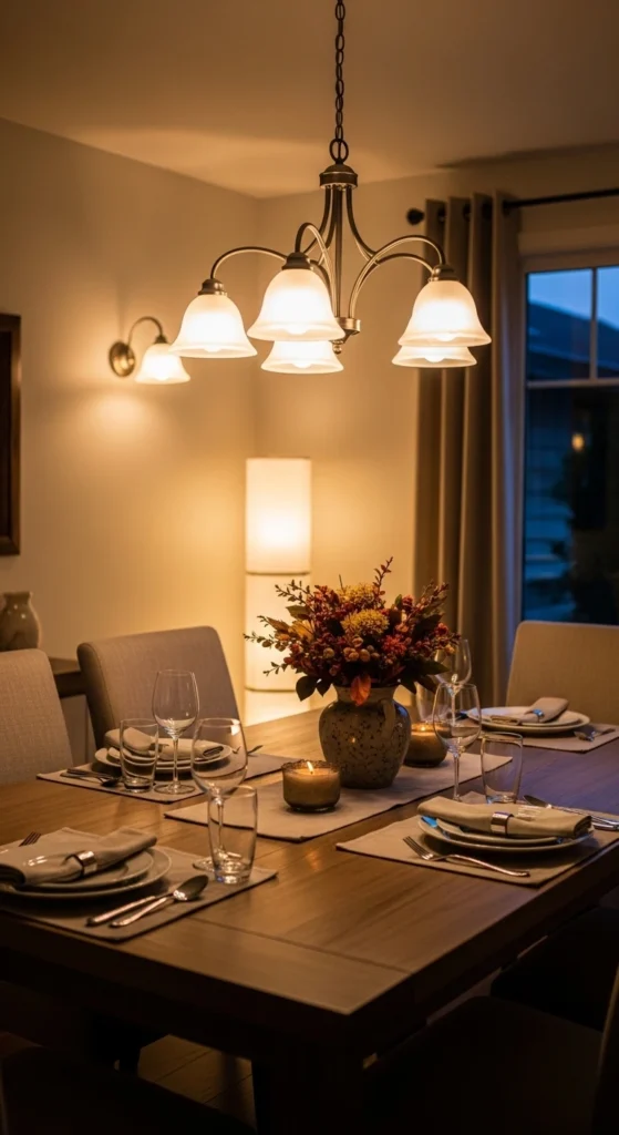 Dining room lighting ideas over table with layered lighting