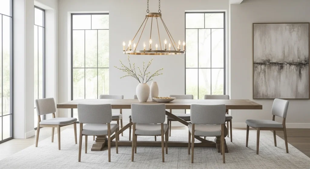 Dining room lighting ideas with modern chandelier above dining table