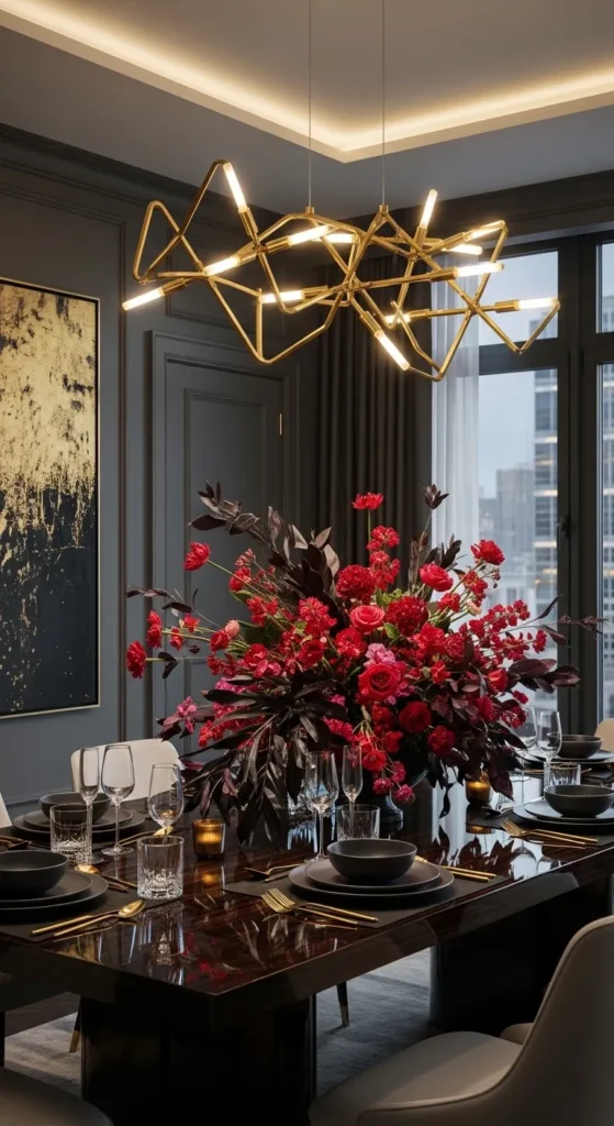 Dining room table decor ideas with bold statement centerpiece
