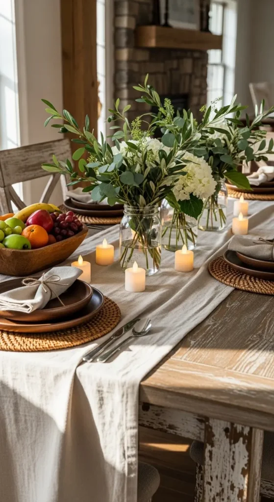 Dining room table decor ideas farmhouse style with rustic centerpiece
