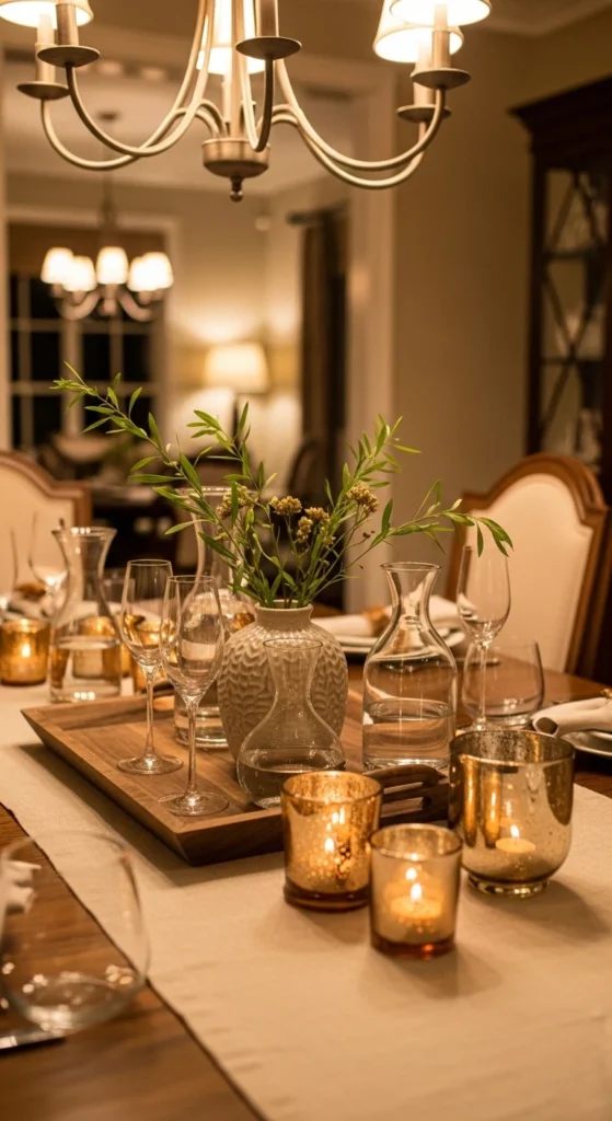 Dining room table decor ideas with layered textures and materials