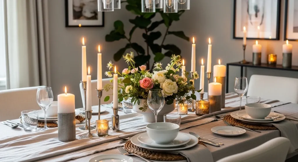 Dining room table decor ideas with modern centerpiece and layered textures
