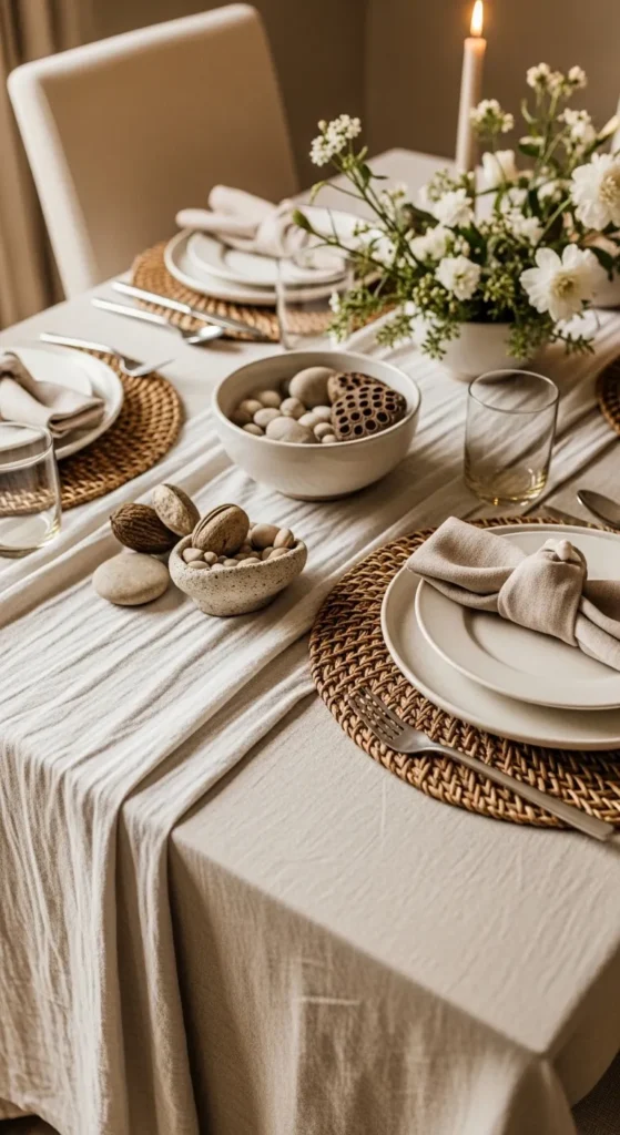 Dining room table dressing ideas with layered table runner and placemats