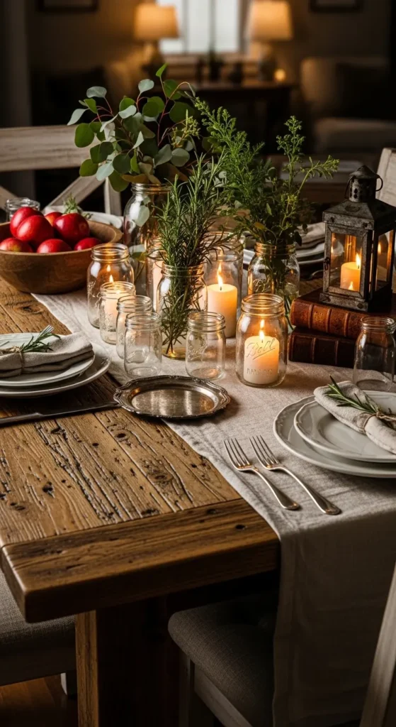 Dining room table dressing ideas with rustic farmhouse table decor