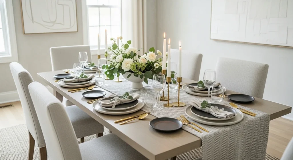 Dining room table dressing ideas with modern centerpiece and elegant table styling