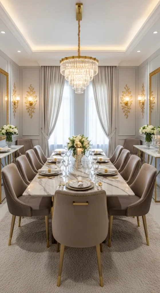 Formal dining room ideas with luxury marble table and chandelier