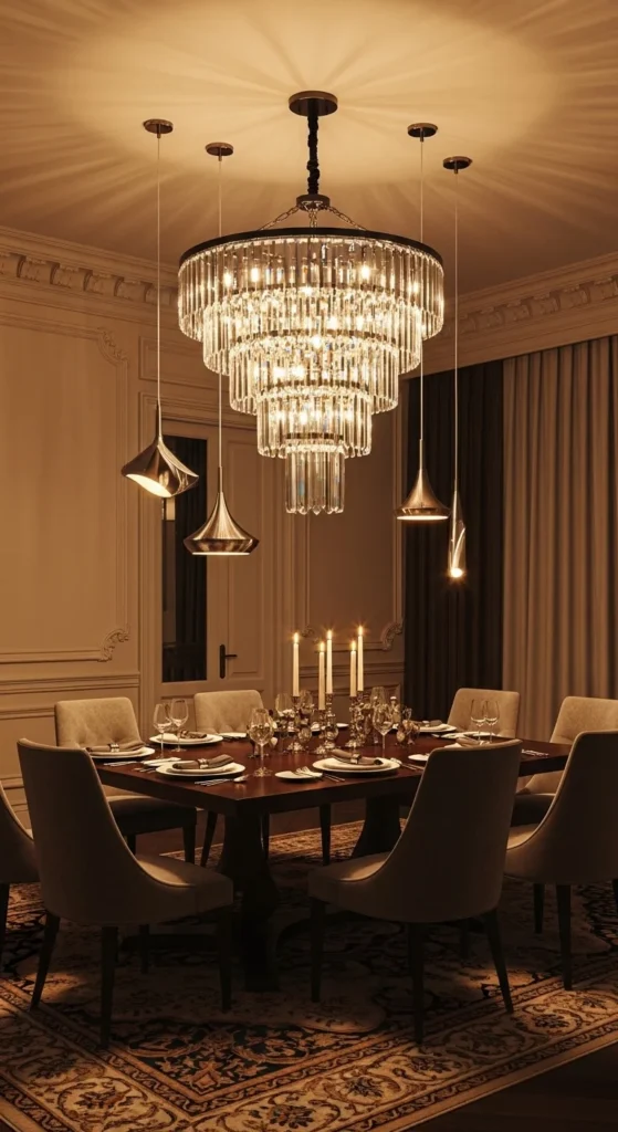 Formal dining room ideas with statement chandelier lighting