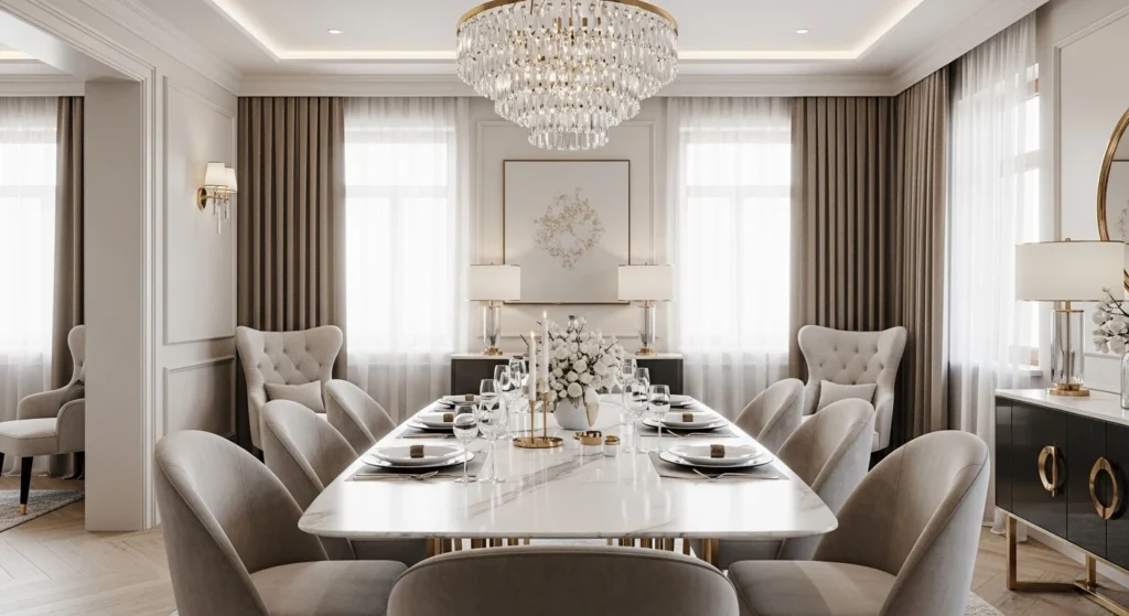 formal dining room ideas with luxury chandelier and elegant marble table setup