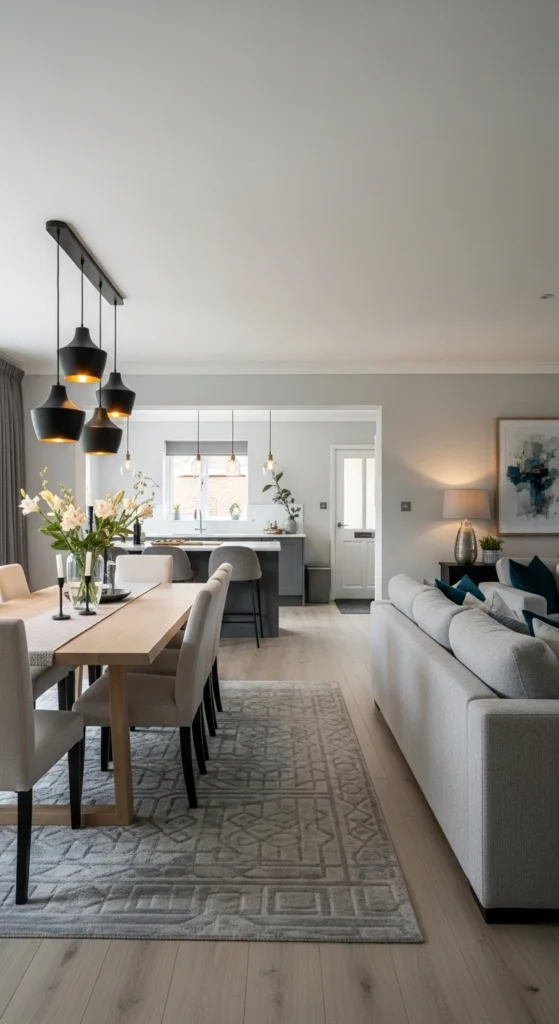 Open-plan modern dining room ideas flowing into living spaces