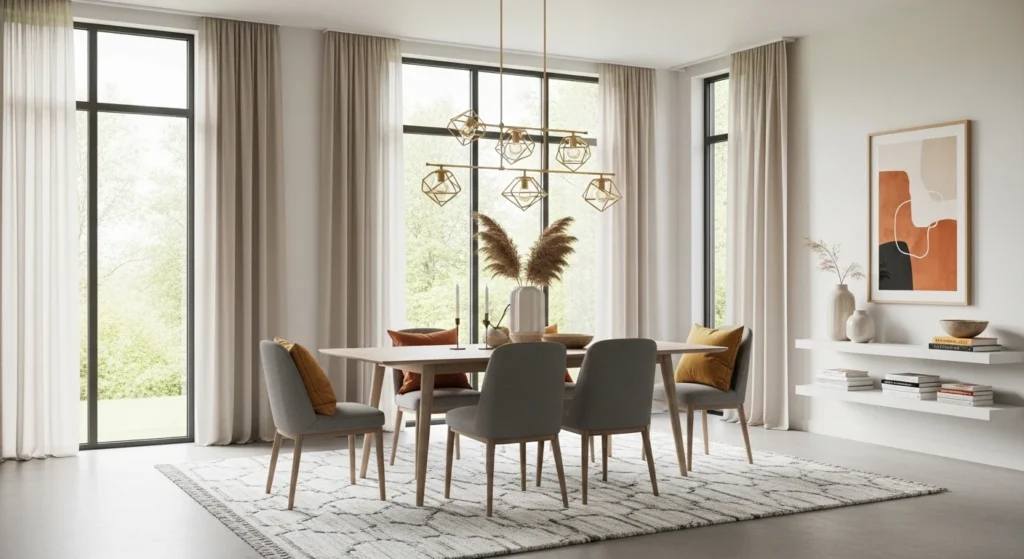 Modern dining room ideas with stylish table, lighting, and decor