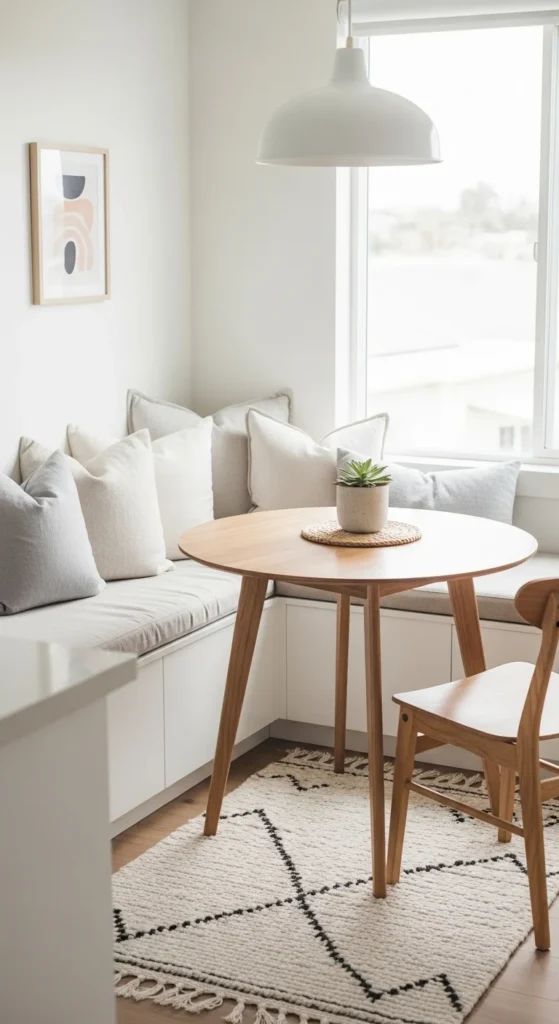Small dining nook ideas with corner L-shaped bench and bright layout
