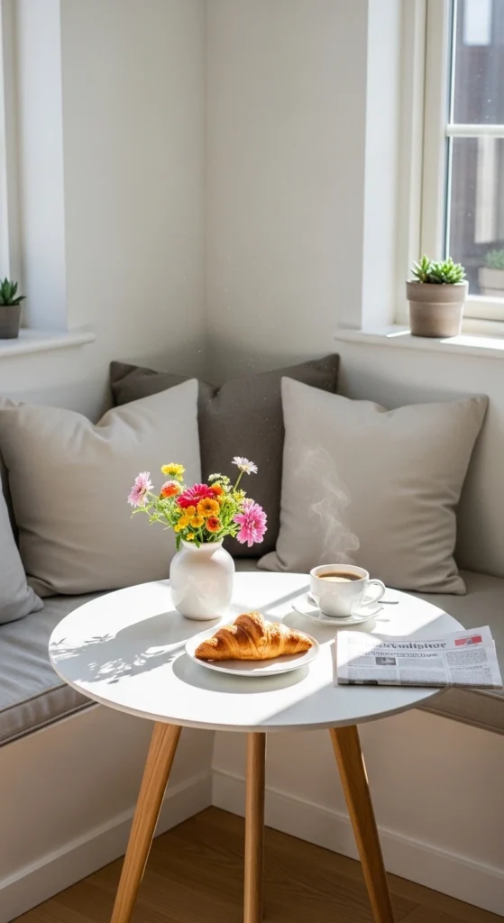 Small dining nook ideas with window bench and natural light