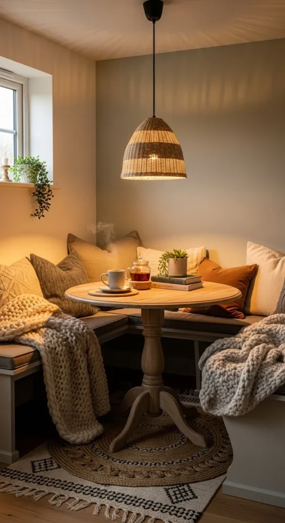 Small dining nook ideas with cozy textures and warm lighting