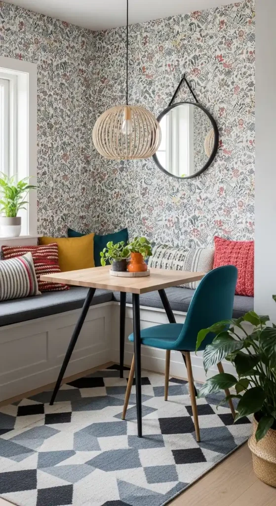 Small dining nook ideas with patterned wallpaper and colorful accents