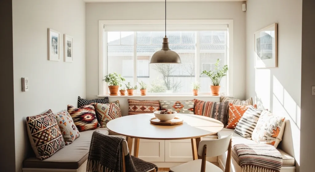 Small dining nook ideas with cozy bench and bright modern decor