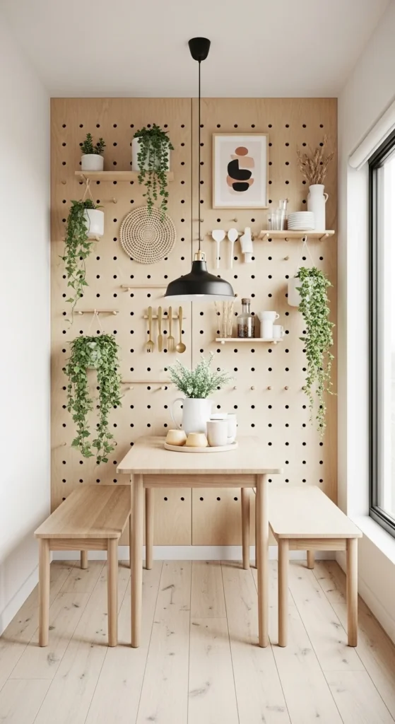 small dining room wall decor ideas with pegboard wall