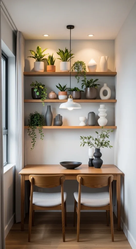 small dining room wall decor ideas with floating shelves