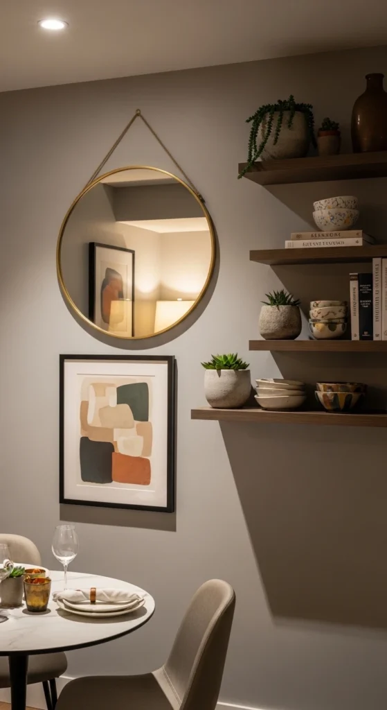 small dining room wall decor ideas with mirrors and wall art