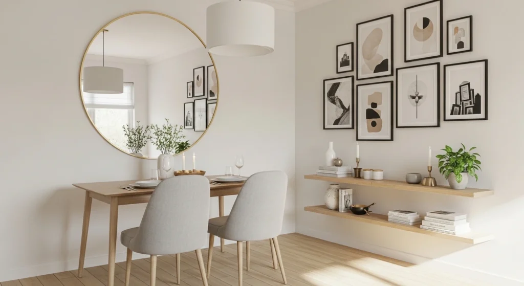 Small dining room wall decor ideas with modern gallery wall, mirror, and floating shelves