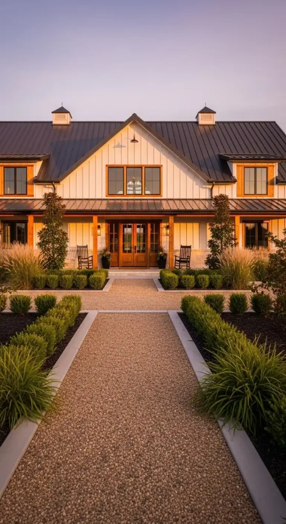 Barndominium landscaping ideas modern farmhouse front yard design with gravel pathway