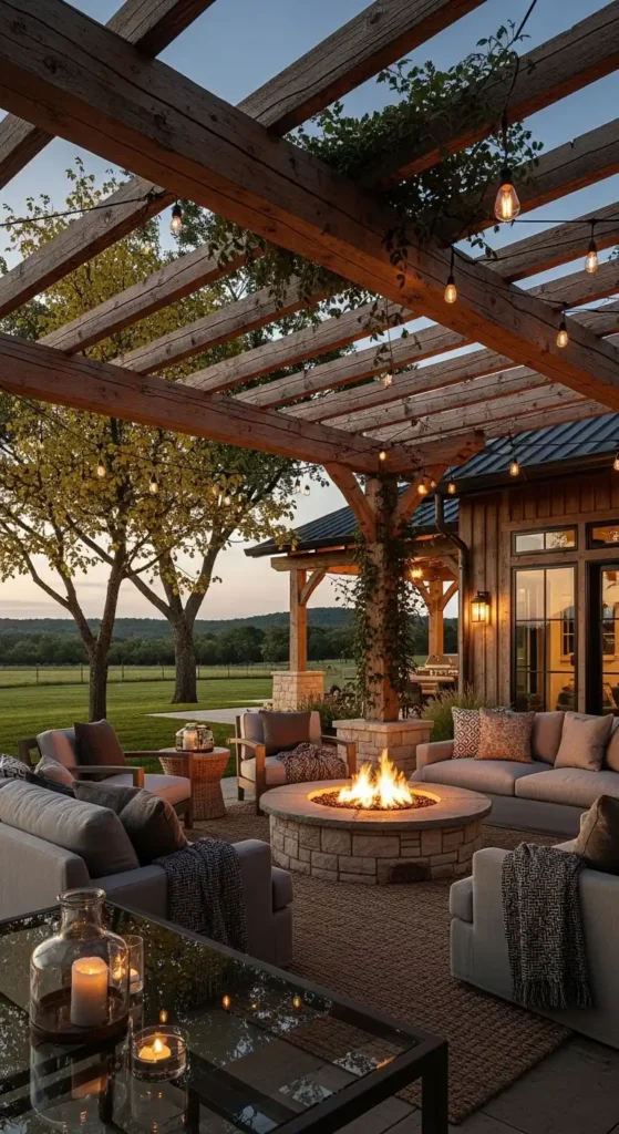 Barndominium landscaping ideas rustic outdoor living space fire pit seating area