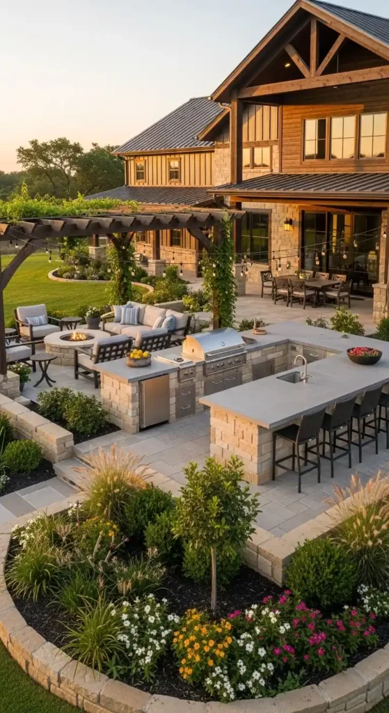 Barndominium landscaping ideas backyard transformation outdoor kitchen seating