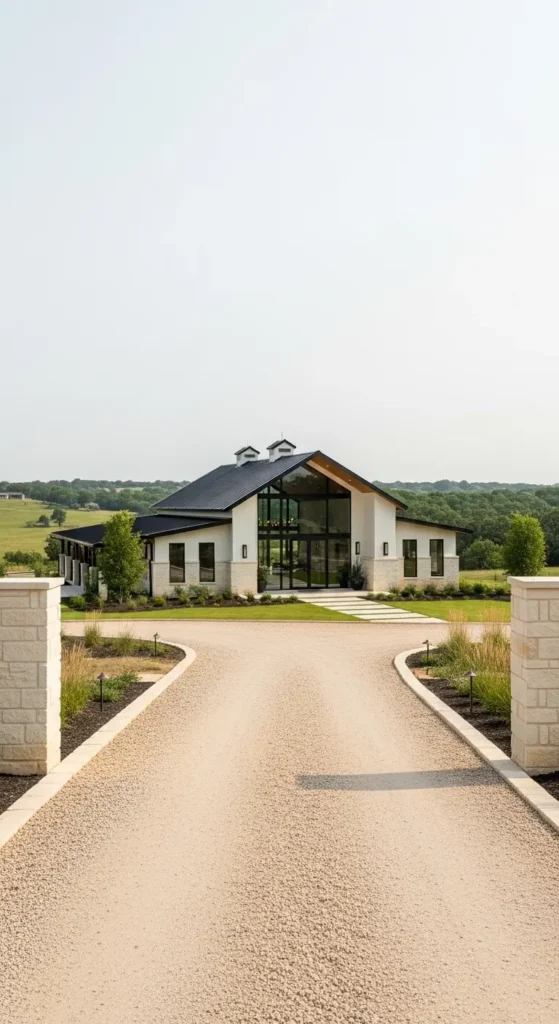 Barndominium landscaping ideas gravel driveway stone pathway modern design