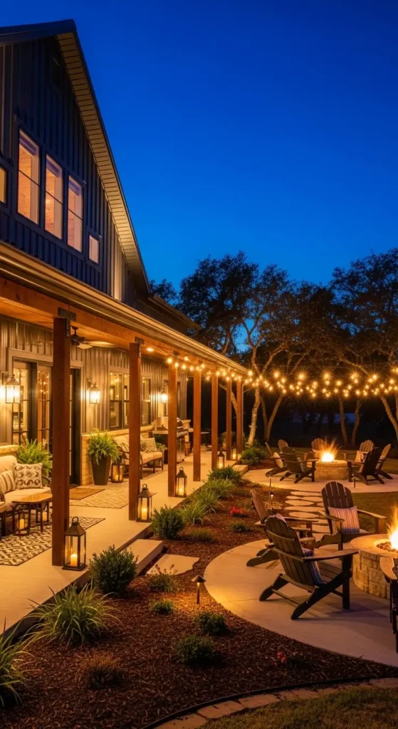 Barndominium landscaping ideas outdoor lighting modern farmhouse night ambiance