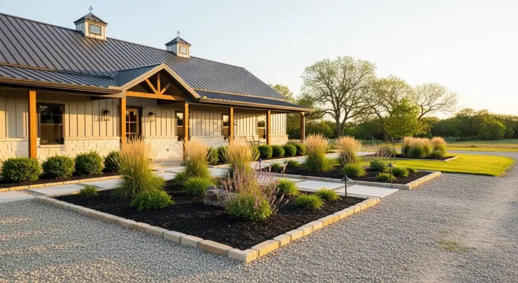 Barndominium landscaping ideas modern farmhouse front yard with gravel pathway and ornamental grasses